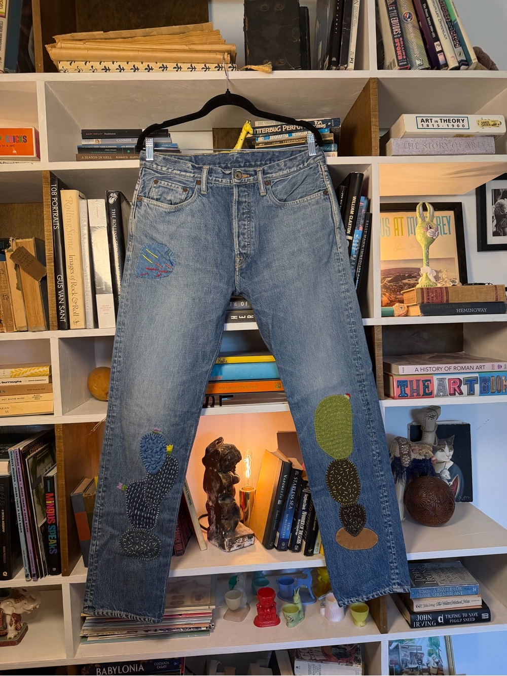Kapital Men's Blue Denim Jeans with Green & Multicolor Patchwork